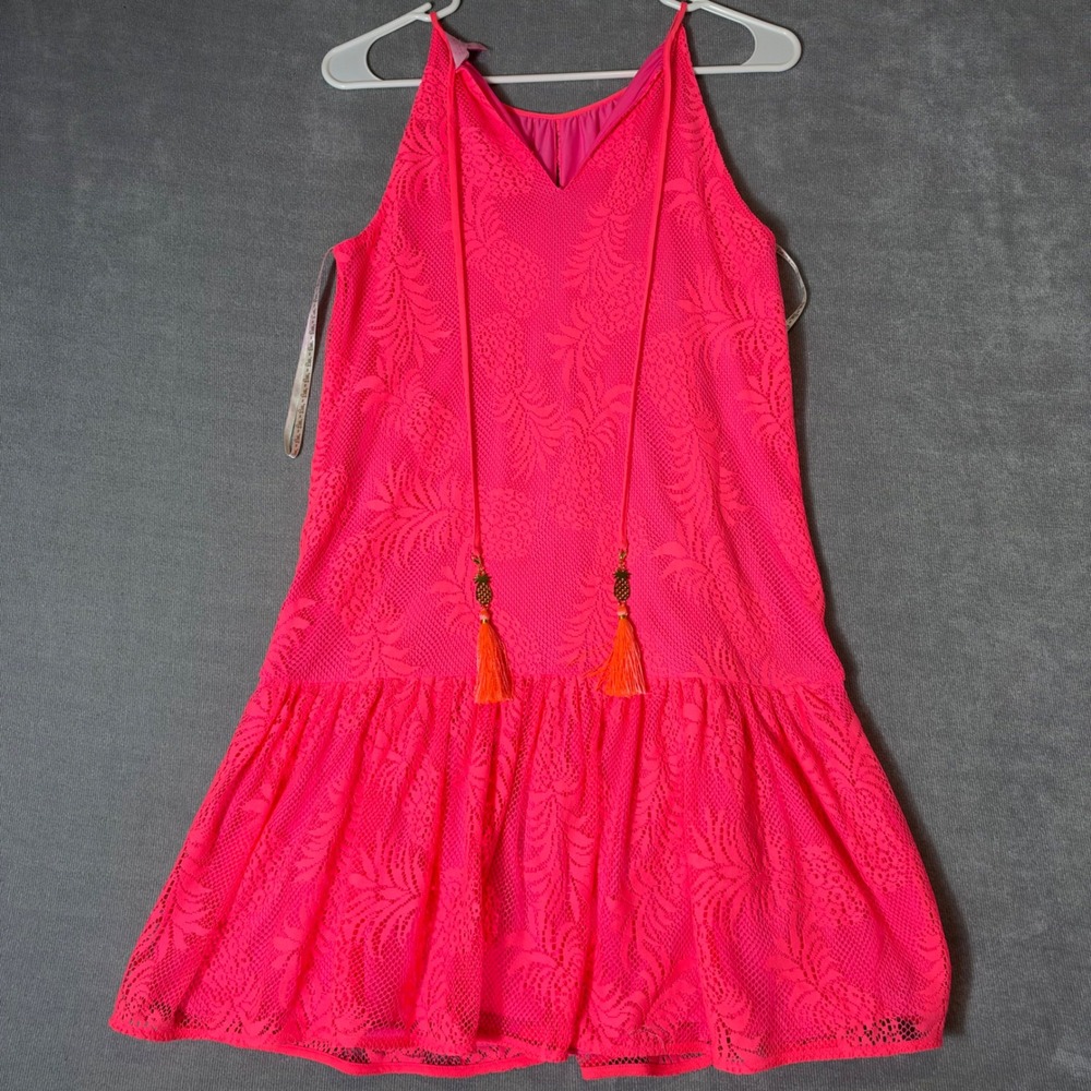 Lilly Pulitzer Neon Pink Pineapple Lace Tassel Dress XS Mini Drop Waist Ruffle